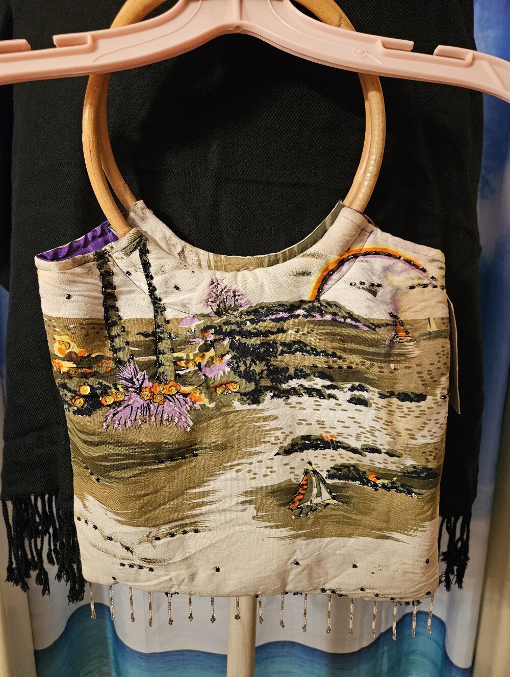 Beaded Palm Tree & Sailboat Handbag with Bamboo Handles